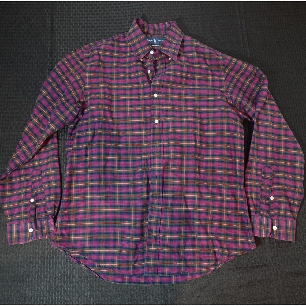 Ralph Lauren Mens Custom‎ Fit Plaid Button Down Shirt Purple Green Large L/G